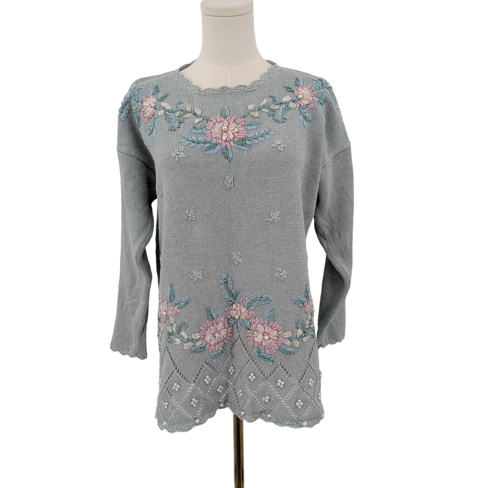 Carolyn Taylor Sz M Sweater Pastel Floral Embroidery 80s‎ 90s Cottagecore Granny